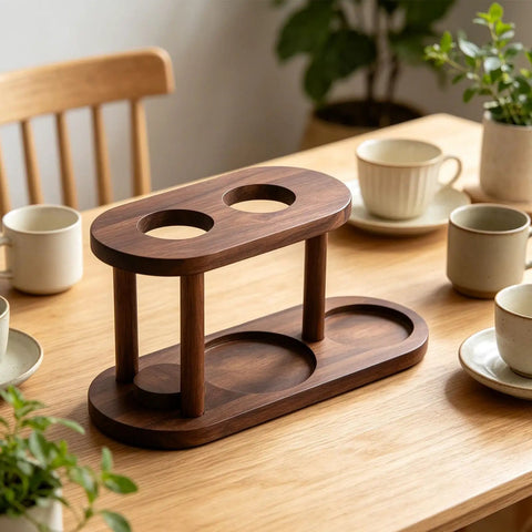 Snag This Fresh Solid Wood Pour Over Coffee Station To Level Up Your Daily Brew Game Featuring An Elevated Brewing Platform And Rock Solid Display Rack For Prime Home Office Vibes on a wooden table with coffee cups around.