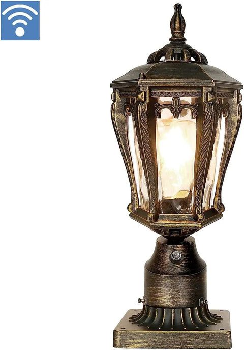 Outdoor Post Light with Pier Mount Base Dusk to Dawn Sensor Waterproof Water Ripple Glass Lantern 7x17.7 Inch, bronze, no bulb