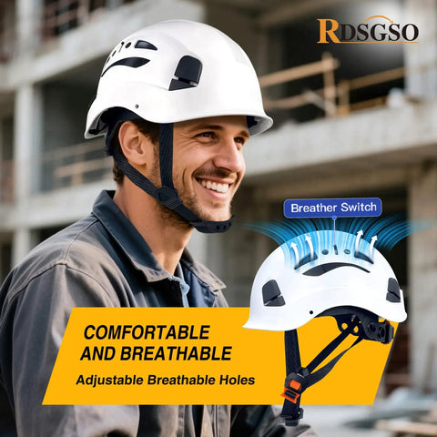 Worker wearing Breathable Lightweight Construction Safety Helmet with dual side vents on construction site.