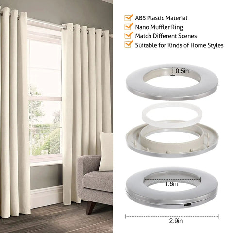 Image showing 50 Pack Curtain Grommets 40mm Inner Diameter Plastic Silver Drapery Rings For Shower Curtains And Rods Up To 35mm Durable ABS Material Low Noise Matte Finish Easy Glide beside draped window.