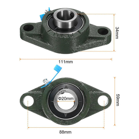 Dimensions of 2 Pack UCFL204 Pillow Block Bearings 20mm Bore Self Aligning With Solid Cast Iron Housing And Chrome Steel Bearings
