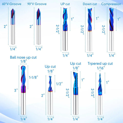 Nine Piece Solid Carbide CNC Router Bit Set With Nano Blue Coating And One Fourth Inch Shank Hella Sharp Edges For Woodworking Pros And Weekend Warriors A Total Sweet Deal