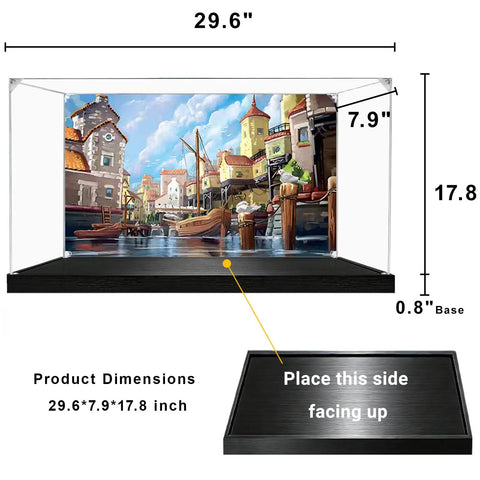 Illustration showing dimensions and setup of Dust Proof Crystal Clear Acrylic Display Case For Lego 21356 Steampunk Ships With 0.8 Inch Elevated Base Keeps Dust Off While Showing Off Every Propeller Gear And Cabin Detail Model Not Included.