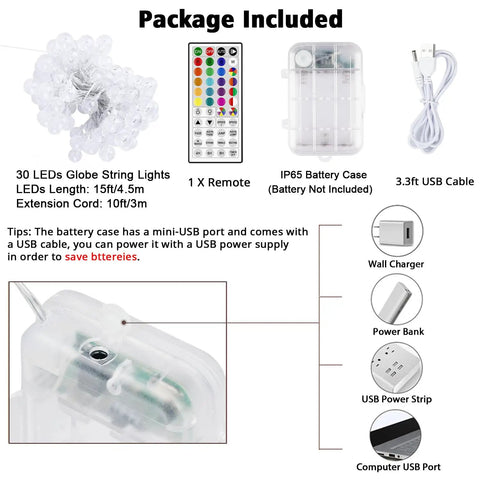 Battery Operated String Lights With 24 Color Changing Modes, 15Ft Long, package contents including 30 LED lights, remote, battery case, and USB cable.