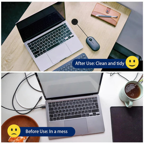 Before and after desk setup using 10 Pack Desk Grommets 2 Inch Hole Covers For Wires Black Cable Grommets, cluttered and tidy.