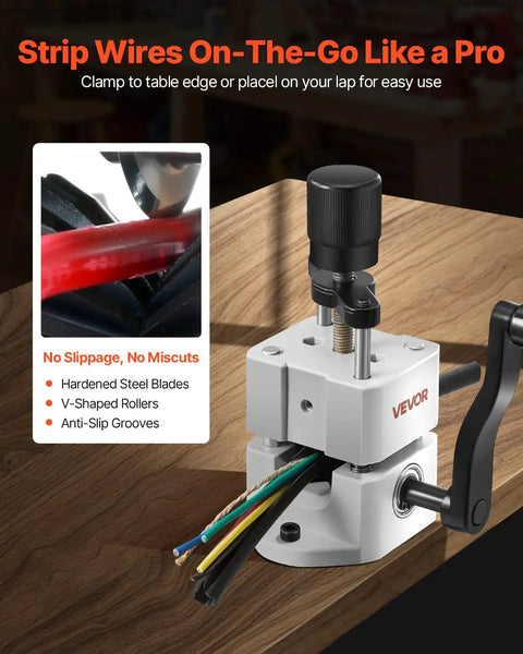 Manual Wire Stripping Machine For Scrap Copper, Portable Copper Stripper with hand crank on wooden surface.