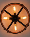 Modern Farmhouse Wood Drum Semi Flush Mount Ceiling Light Fixture With Industrial Black Metal Trim For Hallway Entryway Laundry Room And Bedroom Dope Rustic Ceiling Lamp Bulb Not Included, viewed from below showing bulbs and wood drum design.