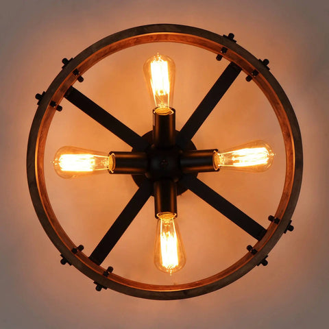 Modern Farmhouse Wood Drum Semi Flush Mount Ceiling Light Fixture With Industrial Black Metal Trim For Hallway Entryway Laundry Room And Bedroom Dope Rustic Ceiling Lamp Bulb Not Included, viewed from below showing bulbs and wood drum design.