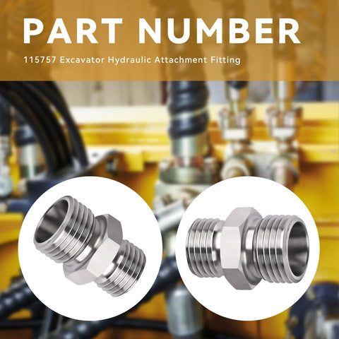 Excavator hydraulic hose thread connectors, stainless steel, 2 pcs, shown in front and side views.