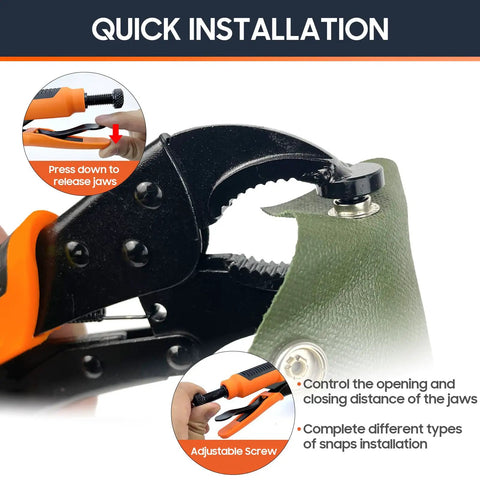 Heavy Duty Straight Up Quality Snap Fastener Tool Kit With 220 Assorted Four Color Buttons For No Sweat Sewing Fixes And Dope Custom Jacket Alterations Daily, showcasing adjustable snap tool for quick installation.