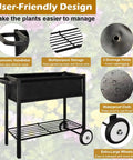Raised Garden Bed On Wheels With Legs 31 Inch Elevated Outdoor Planter Cart For Vegetables Flowers Tomatoes Herbs Ergonomic Design Movable Garden Bed With Heavy Duty Handle Black shown with features like ergonomic handle and drainage holes.