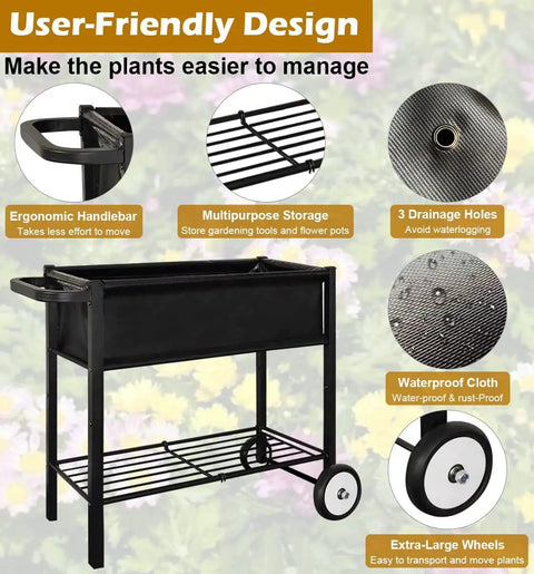 Raised Garden Bed On Wheels With Legs 31 Inch Elevated Outdoor Planter Cart For Vegetables Flowers Tomatoes Herbs Ergonomic Design Movable Garden Bed With Heavy Duty Handle Black shown with features like ergonomic handle and drainage holes.