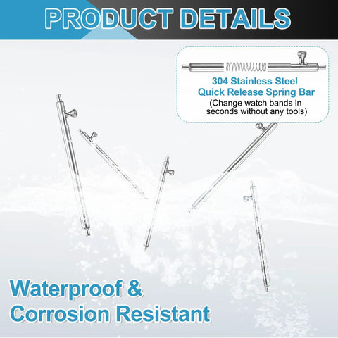 Premium 15 Pack Quick Release Spring Bars 23mm Length 1.5mm Diameter 304 Stainless Steel Watch Pins displayed, showing waterproof feature.
