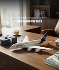 1/280 Scale Lufthansa Airbus A380 Airplane Model Kit With Snap Fit Assembly, no glue needed, on desk with stand and gift box