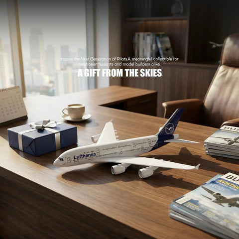1/280 Scale Lufthansa Airbus A380 Airplane Model Kit With Snap Fit Assembly, no glue needed, on desk with stand and gift box