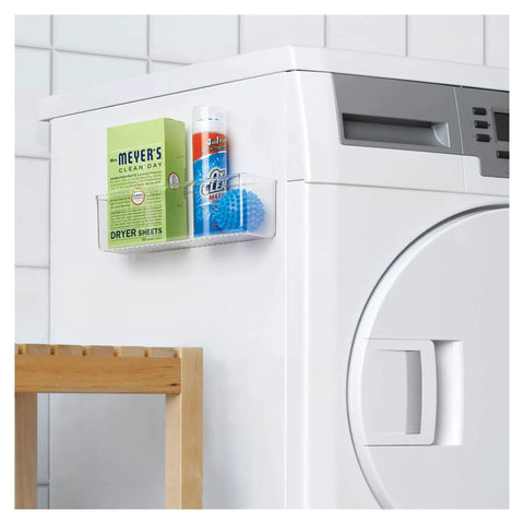Clear Plastic Wall Mount Organizer Shelf For Kitchen Bathroom Office Bedroom Garage And Craft Room 3 By 11 By 3.25 Inches All In One Durable Storage For Spices Gadgets Meds Tools And More mounted on a washing machine with items.