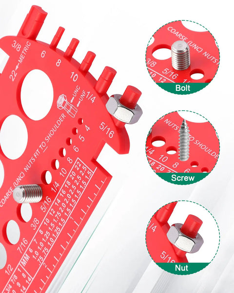 Close-up of a Quick Bolt Sizer Tool for Nuts and Bolts, Metric and SAE Gauge, showing bolt, screw, and nut measurements.
