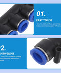 Top Tier 8-Piece Plastic Pneumatic Connector Kit With Push To Connect Fittings For Lightweight Air Compressor Use In Industrial Automation Systems And Diverse Tube Specs., black plastic push-to-connect pneumatic fitting with blue ring for industrial air tubing