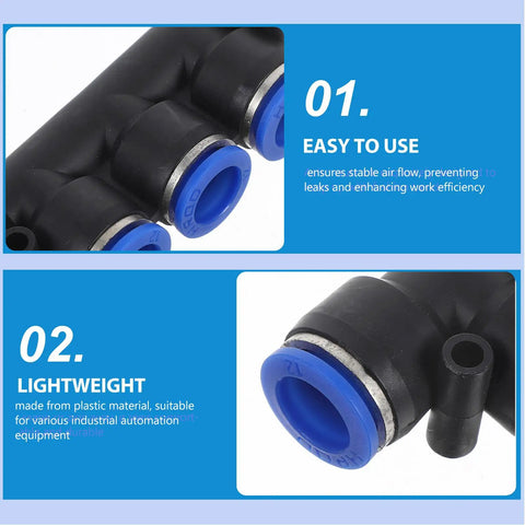 Top Tier 8-Piece Plastic Pneumatic Connector Kit With Push To Connect Fittings For Lightweight Air Compressor Use In Industrial Automation Systems And Diverse Tube Specs., black plastic push-to-connect pneumatic fitting with blue ring for industrial air tubing
