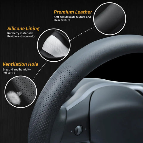 Premium Nappa Leather Steering Wheel Cover For Tesla Model 3 And Y 2016 Through 2026 showing silicone lining and ventilation hole.