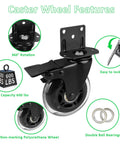 Set Of Four 3 Inch L Shaped Bracket Swivel Casters With Brakes For Cots Flower Stands Desks And Other Furniture Silent Polyurethane Wheels Heavy Duty 600 Pound Loading Capacity Ideal For Home Office And Workshop Use, 3-inch caster features
