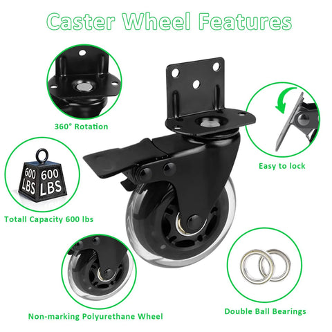 Set Of Four 3 Inch L Shaped Bracket Swivel Casters With Brakes For Cots Flower Stands Desks And Other Furniture Silent Polyurethane Wheels Heavy Duty 600 Pound Loading Capacity Ideal For Home Office And Workshop Use, 3-inch caster features