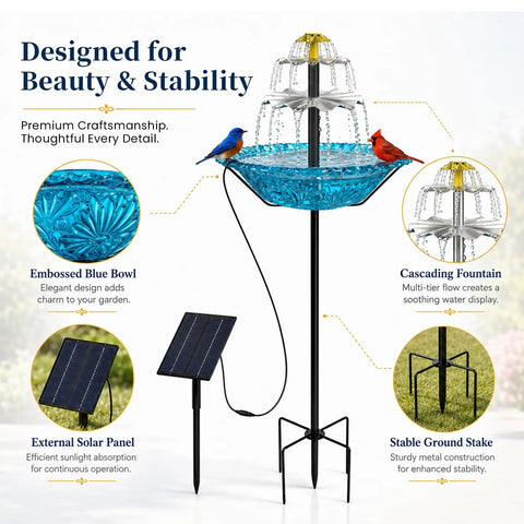 Solar Fountain Bird Bath For Outdoor Backyard Yard Metal Bird Bath Bowl On Stake 1.45 Gal Water Dispenser For Birds Vintage Blue Garden Decor For Patio Lawn showing birds, solar panel, and water flow