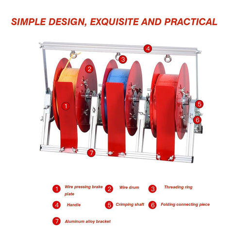 Built Tough Folding Cable Rack With Single Axis Wire Dispenser holding multiple spools, detailed components labeled.