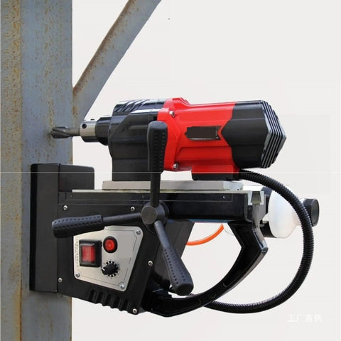 Professional Mag Drill With Stepless Speed Control For Steel Structures mounted on a steel beam, showing drill in action.