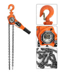 Heavy Duty 3 Ton Lever Hoist Pulley Chain Block For Serious Lifting Jobs Comes With 3M Chain And Sweet Ratchet Gear In Bright Orange Color with detailed view of hook and chain.