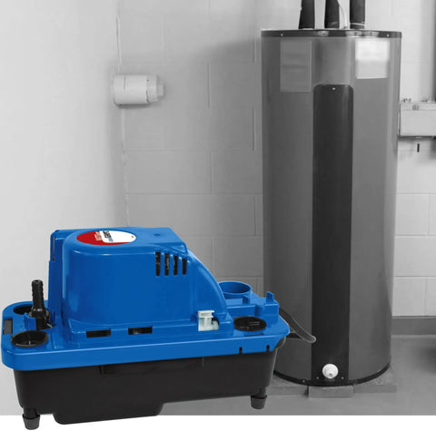 High Efficiency Condensate Removal Pump For HVAC And Dehumidifiers 84 GPH 115 Volt One Thirtieth Horsepower With Six Foot Power Cord No Safety Switch Blue Plug And Play For AC Units Boilers And Furnaces next to a water heater in basement