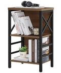 Three Tier Industrial Bookcase With Metal Frame And Backboard In Rustic Brown, A Space Saving Dope Storage Solution For Small Spaces, Perfect For Living Room, Bedroom, And Home Office, displaying books and decor items.