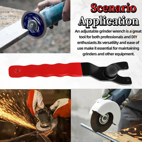 Adjustable Pin Spanner Wrench For Angle Grinders, Real Tough Tool Steel Build, Universal 10 To 40 Mm Grip Key on workspace with grinder.