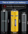 Comparison of 18500 3.2V LiFePO4 rechargeable battery with AA and AAA sizes, showing dimensions.