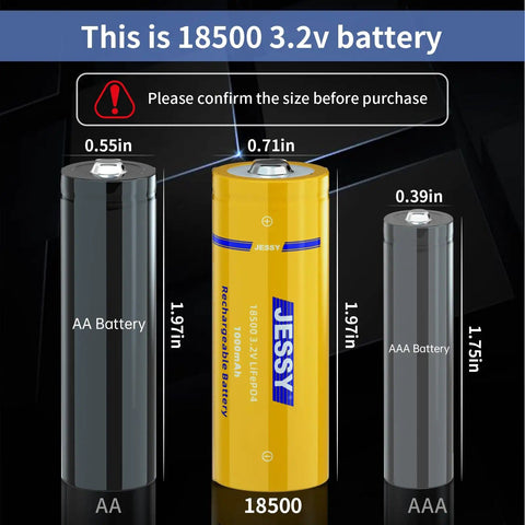 Comparison of 18500 3.2V LiFePO4 rechargeable battery with AA and AAA sizes, showing dimensions.