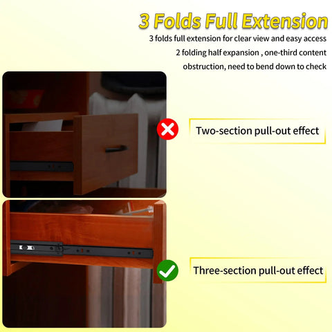 Comparison of two-section and three-section pull-out effects for Heavy Duty 12 Inch Soft Close Drawer Slides Full Extension Ball Bearing Black Two Pair Set With 100 Pound Load Capacity Smooth Quiet Operation For Kitchen Cabinets And Furniture Durable Steel Rails.