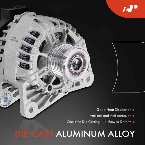 Die-cast aluminum alloy body of 12V 110A alternator for Nissan Sentra 2013 to 2019 1.8L with six-groove clutch pulley.
