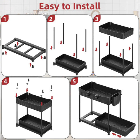 Step-by-step assembly instructions for Four Pack Two Tier Under Sink Organizer With Hassle Free Slide Out Drawers.