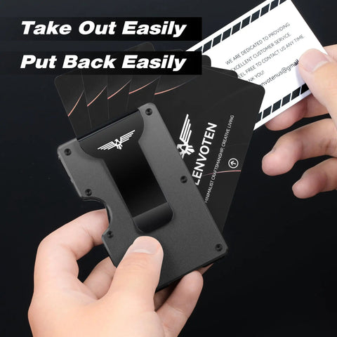 Ultra Slim Hinged Metal Wallet For Men With RFID Blocking, Holds 20 Cards And Cash, durable aluminum, in hand with cards