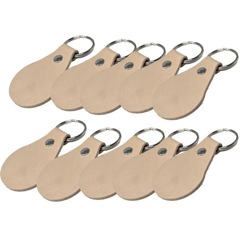 Fresh Veg Tan Leather Key Fobs In A Ten Pack With Pre Assembled Hardware, showing ten smooth fobs with metal rings.