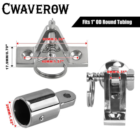 Beefy Bimini Top Hardware Kit With Deck Hinges, Quick Release Pins And Eye End Caps, 316 Stainless Steel Marine Grade, Fits 1 Inch OD Round Tubing, Two Pairs For Boat Tops Replacement, shown with measurements.