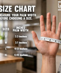 Size chart measuring palm width for Top Shelf Heavy Duty Nitrile Barber Gloves Latex Free Box Of One Hundred.
