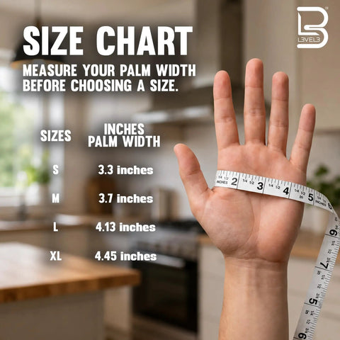 Size chart measuring palm width for Top Shelf Heavy Duty Nitrile Barber Gloves Latex Free Box Of One Hundred.