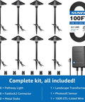 All In One LED Pathway Lighting Kit with 8 low voltage landscape lights, 60W transformer, 100ft wire, and connectors shown.