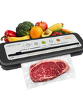 Heavy Duty Vacuum Sealer Machine With Slick One Touch Control And Built In Cutter Bags For Meal Prepping Meat Seafood And Veggies, fresh meat and assorted produce above.