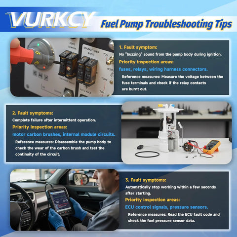 Steps for troubleshooting an electric fuel pump with images of diagnostic steps and inspection tips for fuel pump issues.