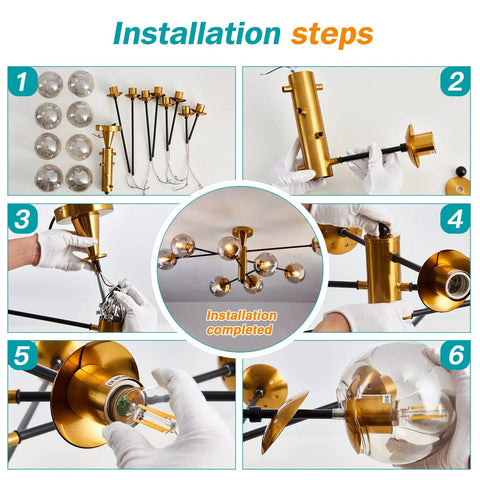 Step-by-step installation of 8 Light Sputnik Ceiling Light Fixture Semi Flush Mount With Glass Globe In Black And Gold