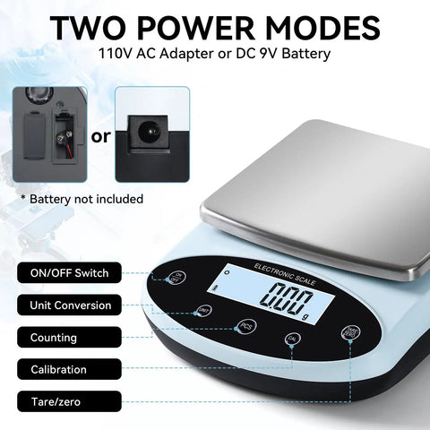 Precision Lab Scale 5000g x 0.01g Digital Balance showing display and buttons with two power modes, ideal for lab use.
