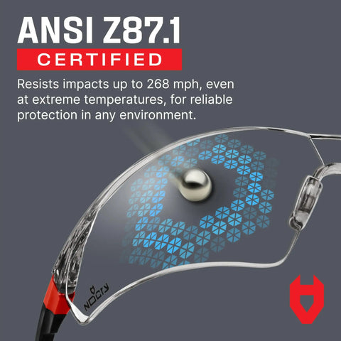 Close-up of Clear Anti Fog Safety Glasses For Men And Women With Scratch Resistant Wraparound Lenses showing ANSI Z87 certification