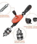 3/8 Inch Hand Drill With Manual Crank And 8 Piece Drill Bit Set Safe Double Pinions Design Adjustable Chuck 1.5 To 10mm